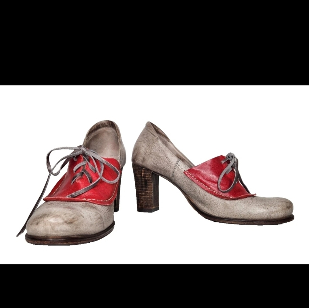 Grotesque Red & Gray Leather Shoes Stacked High Heels Pumps Platforms 41 10 10.5